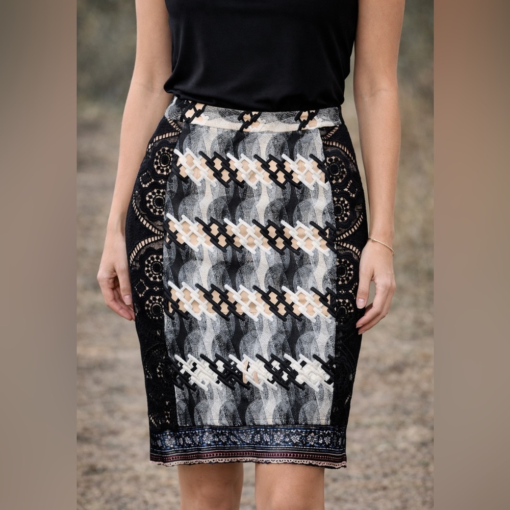NWOT Endless Rose Lace Chevron Midi Skirt Black Cream Nude Anthropologie Size 6 - Picture 1 of 7